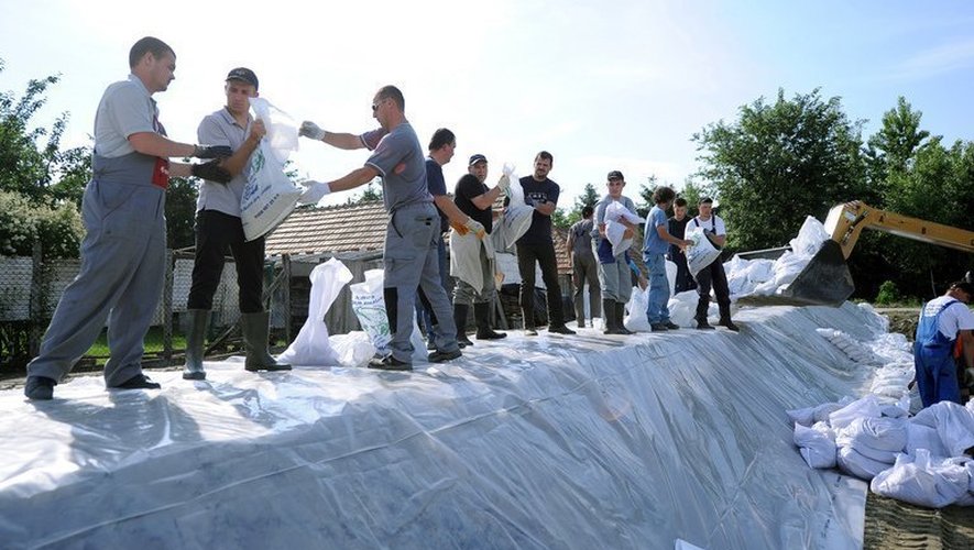 Des bénévoles montent une digue artificielle au bord du Danube, à Mecser en Hongrie, le 6 juin 2013