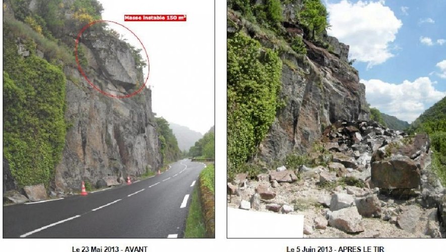A droite, la route, le 23  mai avec, identifiée sur la photo, la zone instable et menaçante. Au même endroit le 5 juin, après le minage.
