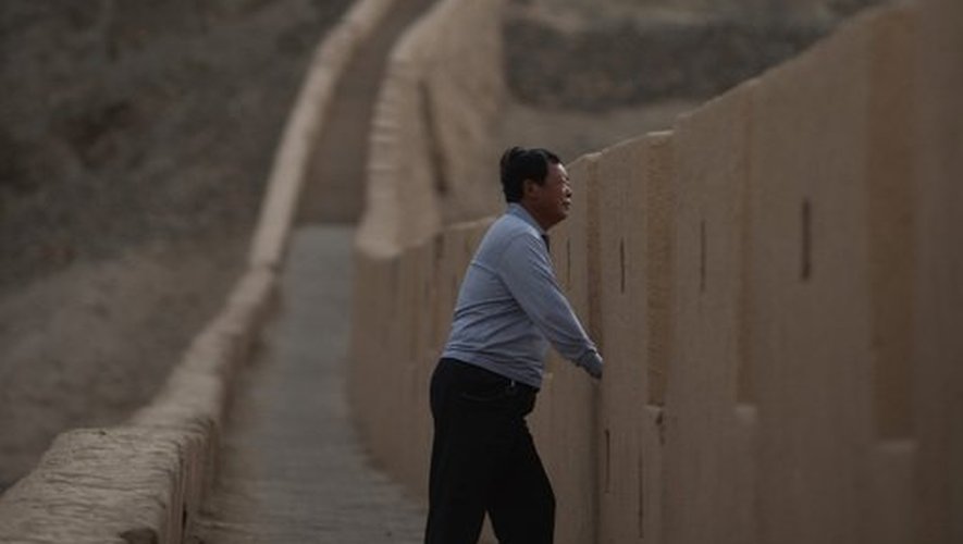 Yang Yongfu regarde l'horizon depuis un pan de la Grande Muraille de Chine qu'il a lui même restauré, le 14 mai 2013