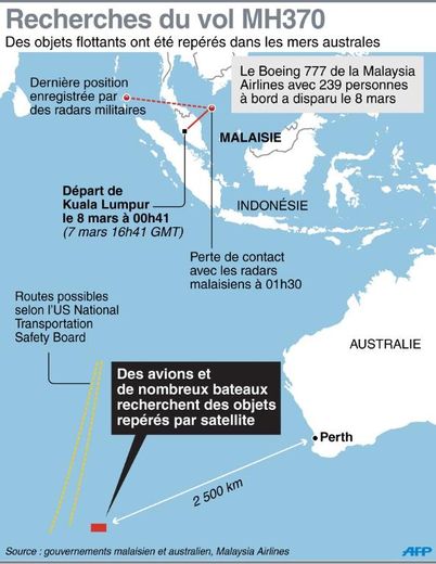 Carte de l'océan Indien où s'orientent les recherches du vol MH370, après le repérage par satellite d'objets flottants