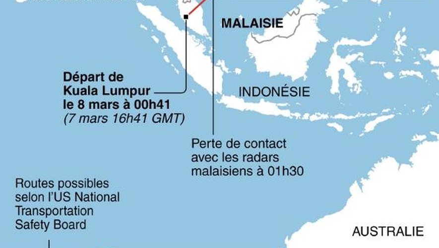 Carte de l'océan Indien où s'orientent les recherches du vol MH370, après le repérage par satellite d'objets flottants