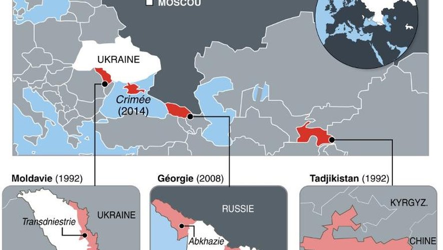 Carte de localisation des interventions de la Russie chez ses voisins depuis la chute de l'URSS