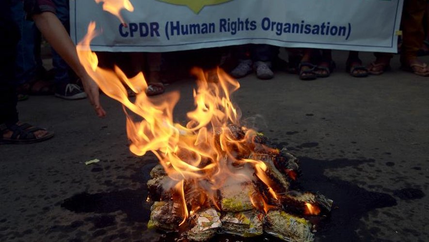 Des paquets de nouilles instantanées Maggi sont brûlés lors d'une manifestation à Kolkata le 4 juin 2015