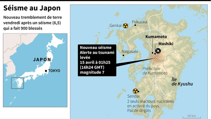 Zoom sur l'île de Kyushu au Japon, théâtre d'un autre séisme de magnitude 7 (source USGS)