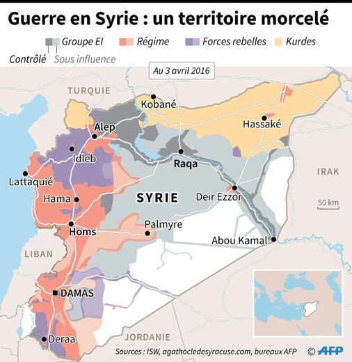 Carte des territoires contrôlés en Syrie par les différents belligérants