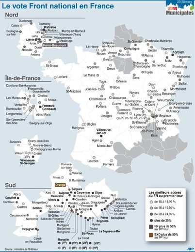 Carte de France localisant le vote FN au 1er tour des élections municipales