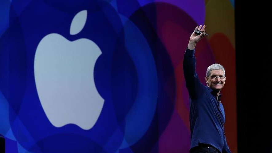 Tim Cook, PDG d'Apple, lors de la conférence annuelle du groupe pour les développeurs à San Francisco (WWDC), le 8 juin 2015