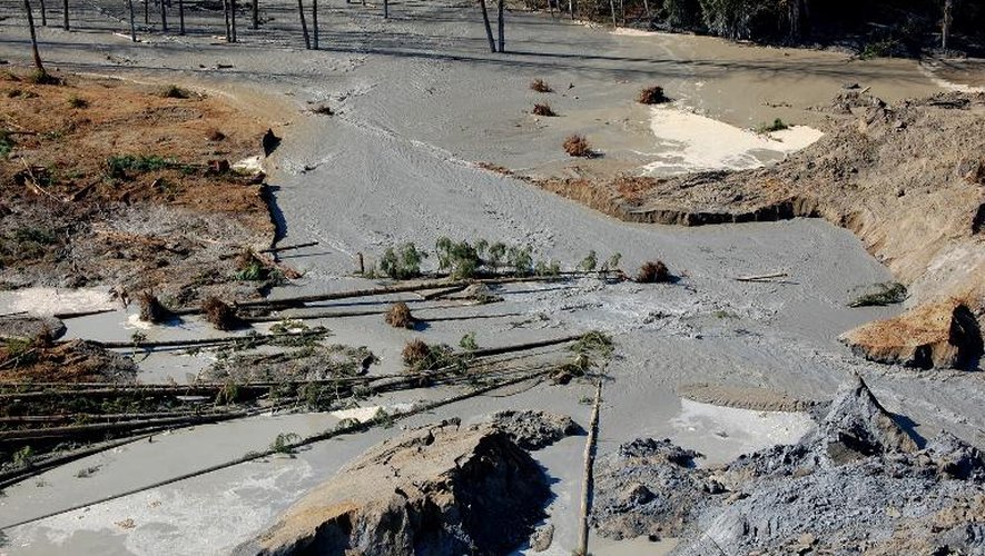 La faille du barrage de Stillaguamish après le glissement de terrain près d'Oso, le 22 mars 2014