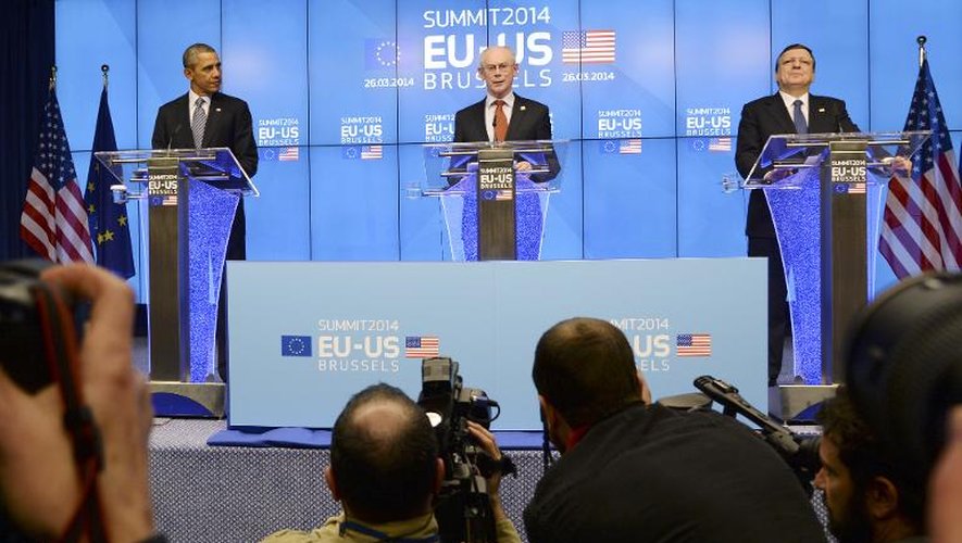 Le président américain Barack Obama, le président du Conseil de l'Union Herman Van Rompuy et le président de la Commission européenne Manuel Barroso, à Bruxelles le 26 mars 2014