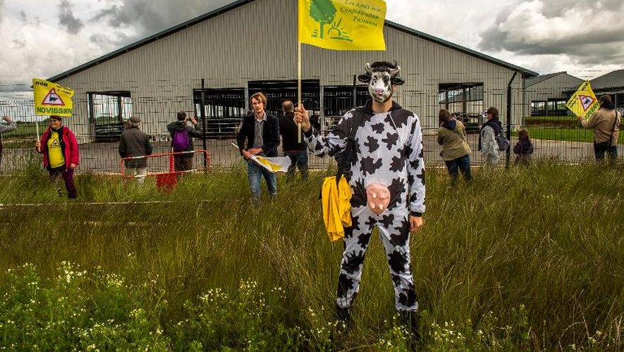 Manifestation de la Confédération paysanne contre l'élevage intensif, le 30 mai 2015 devant la ferme dite des 1.000 vaches à Ducrat, dans la Somme