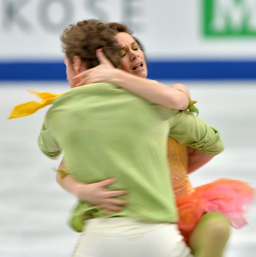 Nathalie Péchalat et Fabien Bourzat à l'échauffement avant le programme libre de danse sur glace des Mondiaux de patinage artistique le 29 mars 2014 à Saitama
