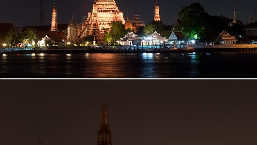 Juxtaposition de photos du temple bouddhiste Wat Arun Ratchawararam Ratchawaramahawihan avant et après extinction des feux, lors de l'opération "Une heure pour la planète", à Bangkok le 29 mars 2014