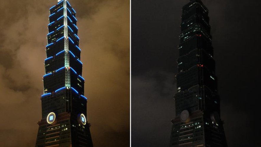 Le gratte-ciel Taipei 101 avant et après extinction des feux, lors de l'opération "Une heure pour la planète", à Taipei le 29 mars 2014