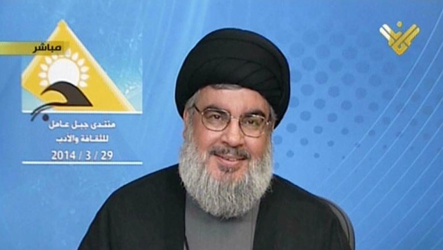 Capture d'écran montrant Hassan Nasrallah, le chef du Hezbollah, faisant un discours télévisé le 29 mars 2014