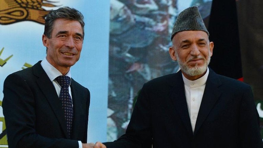 Le secrétaire général de l'Otan  Anders Fogh Rasmussen et le président Hamid Karzai le 18 juin 2013 à Kaboul