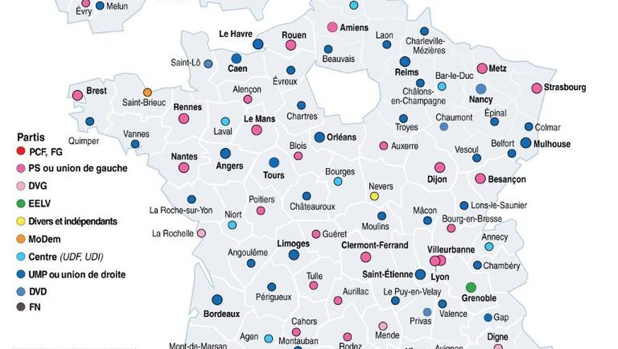 Carte de France avec les résultats officiels à 01h00 dans 101 préfectures de département et 41 villes de +100 00 habitant