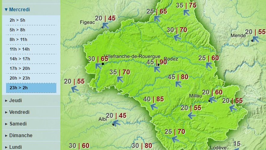 Le coup de vent devrait se faire sentir dans la journée de mercredi avec des rafales pouvant atteindre 90 km/h à Rodez.