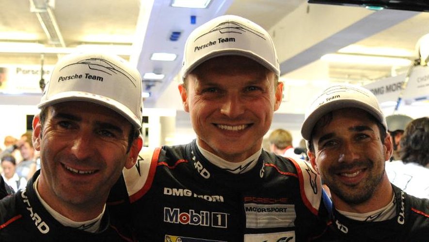 Romain Dumas, Marc Lieb et Neel Jani à l'issue des essais le 11 juin 2015 au Mans