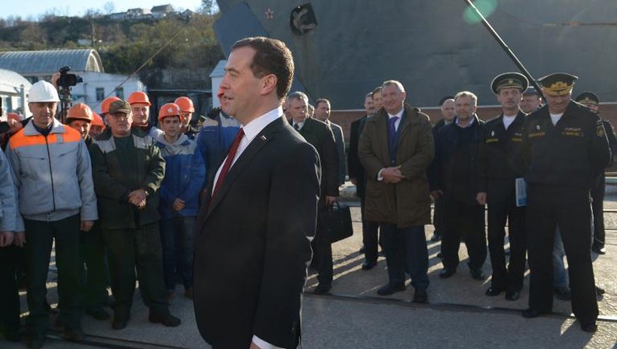 Le Premier ministre russe Dmitri Medvedev en visite en Crimée, à Sébastopol le 31 mars 2014