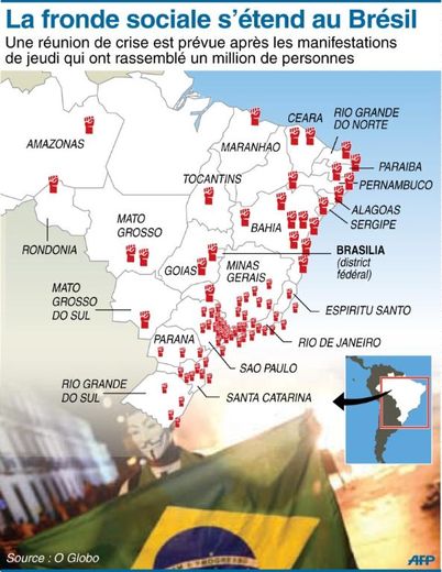 Infographie localisant des manifestations par États, jeudi au Brésil