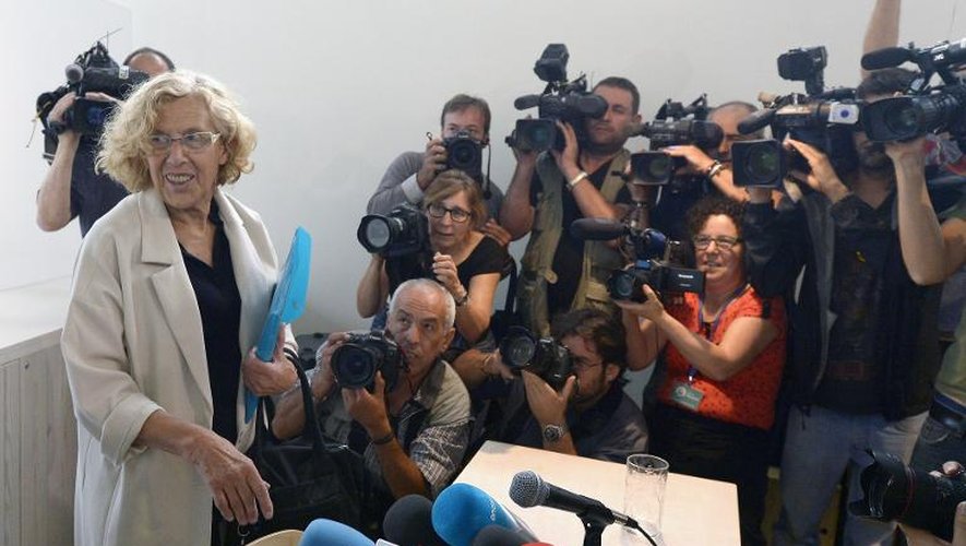 L'ancienne juge Manuela Carmena, 71 ans, s'apprête à donner une conférence de presse le 12 juin 2015 à Madrid