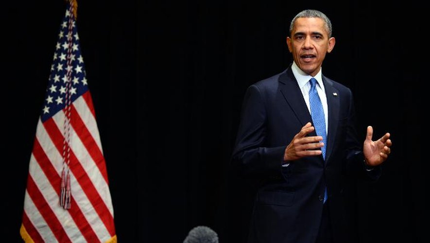 Barack Obama lors d'une déclaration le 2 avril 2014 à Chicago après la fusillade sur la base militaire de Fort Hood au Texas