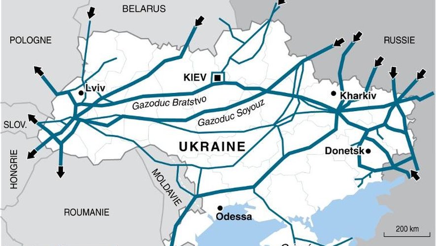 Carte du réseau de gazoducs traversant l'Ukraine pour désservir l'Europe de l'ouest