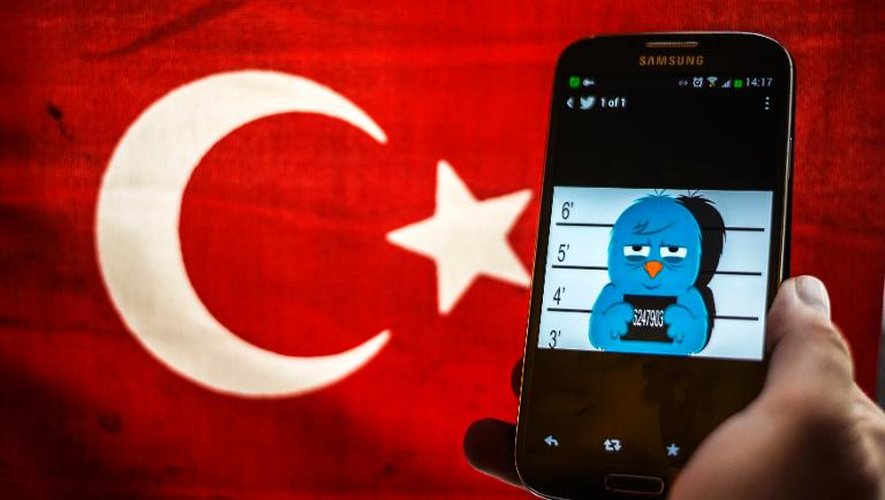 Le symbole de Twitter caricaturé en "hors la loi" sur un écran de smartphone avec le drapeau turc à Istanbul