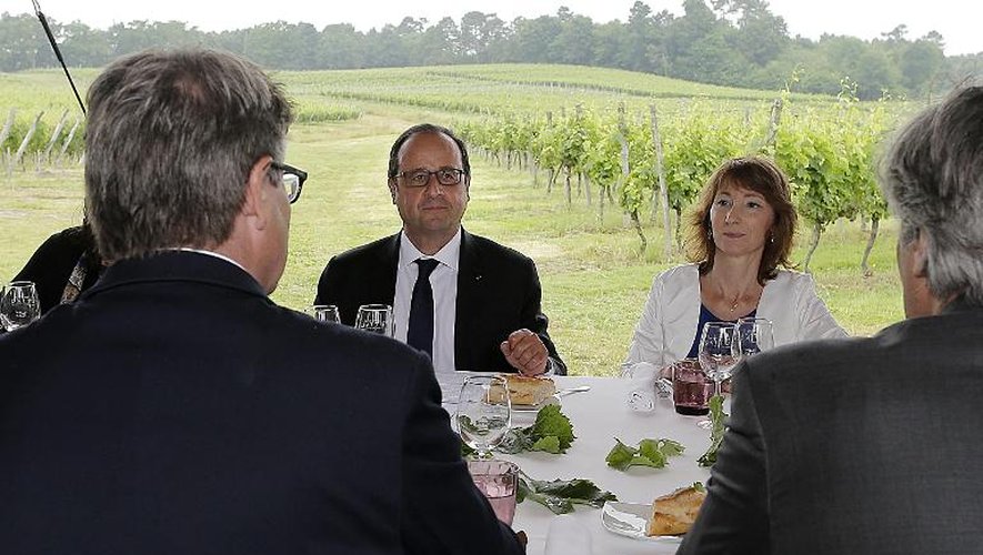 Le président français François Hollande avec des membres de la coopérative du vignoble de Tutiac à Marcillac le 14 juin 2015