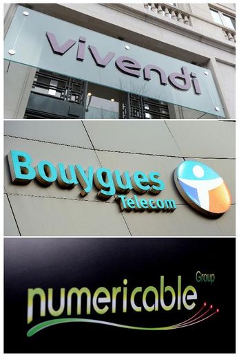 Un montage photo avec les logos des trois protagonistes de l'affaire du rachat de SFR: Vivendi, Bouygues Telecom et Numericable