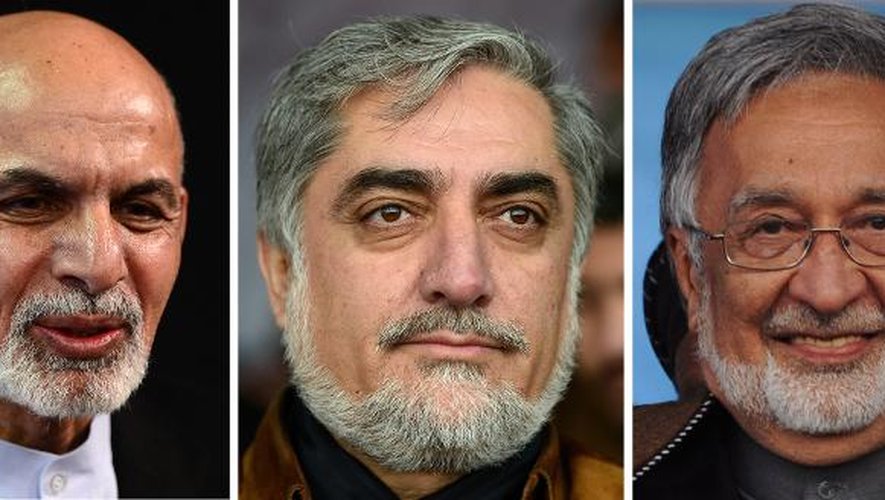 Montage photo réalisé le 3 avril 2014 montrant les trois favoris de la présidentielle afghane:
(G) Ashraf Ghani Ahmadzai, économiste photographié le 4 février 2014, Abdullah Abdullah (C) le 7 mars à Kaboul, et Zalmai Rassoul (D), le 1