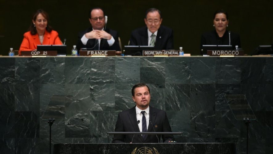 L'acteur et défenseur de l'environnement Leonardo DiCaprio à la tribune de l'ONU à New York, le 22 avril 2016