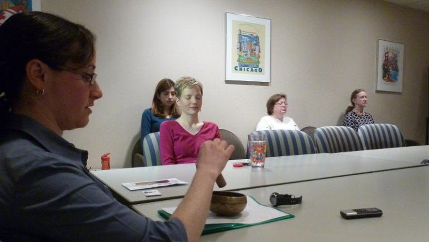 Klia Bassing (G) directrice de Visit Yourself at Work conduit une session de méditation le 26 mars 2014 à l'Association Psychologique Américaine à Washington