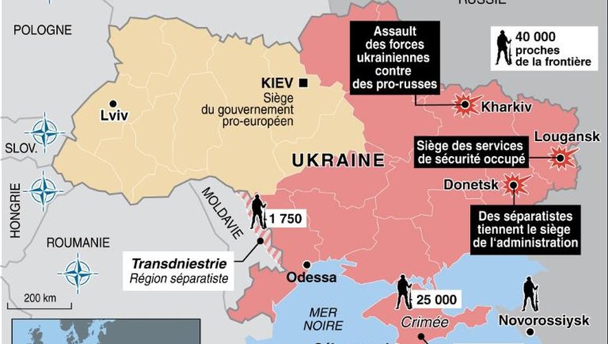 Carte de l'Ukraine localisant les derniers troubles, nombre de soldats russes dans la région