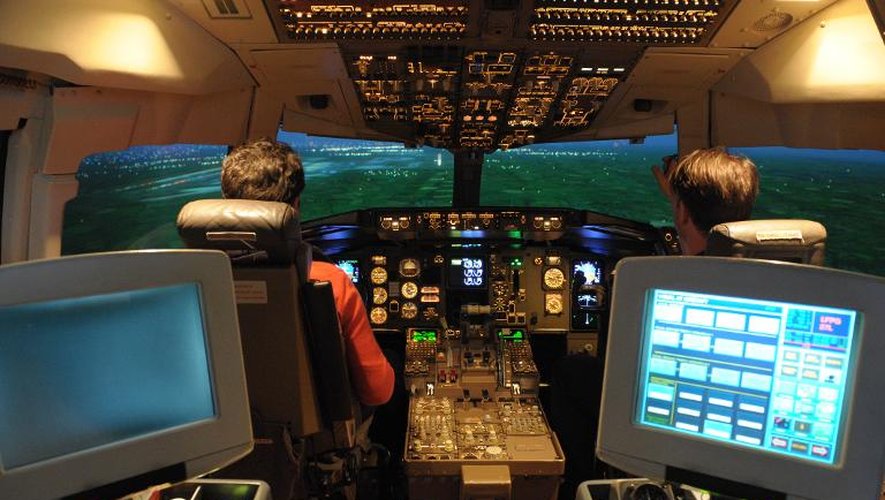 Des fans d'aviation aux commandes d'un simulateur de vol professionnel à Roissy, le 7 avril 2014