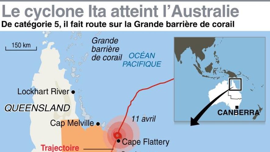 Carte de localisation de la trajectoire du cyclone Ita le 12 avril 2014 sur les côtes australiennes