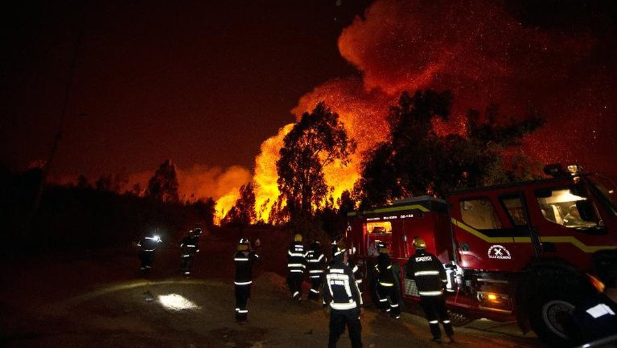 Les pompiers luttent contre les flammes le 13 avril 2014 à Valparaiso