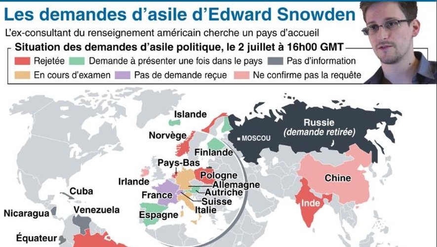 Carte du monde avec les différentes réactions nationales aux demandes d'asile d'Edward Snowden