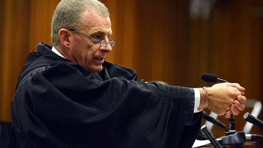 Le procureur Gerrie Nel reproduit un geste le 14 avril 2014 à l'audience du procès Pistorius à Pretoria