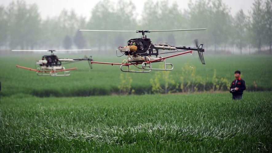Des drones arrosent des champs avec de l'insecticide dans la province orientale de l'Anhui, en Chine, le 15 avril 2014