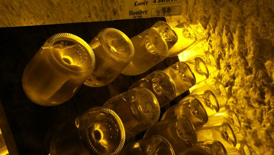 Des bouteilles de cuvées prestigieuses stockées dans une galerie le 20 avril 2016 à Reims