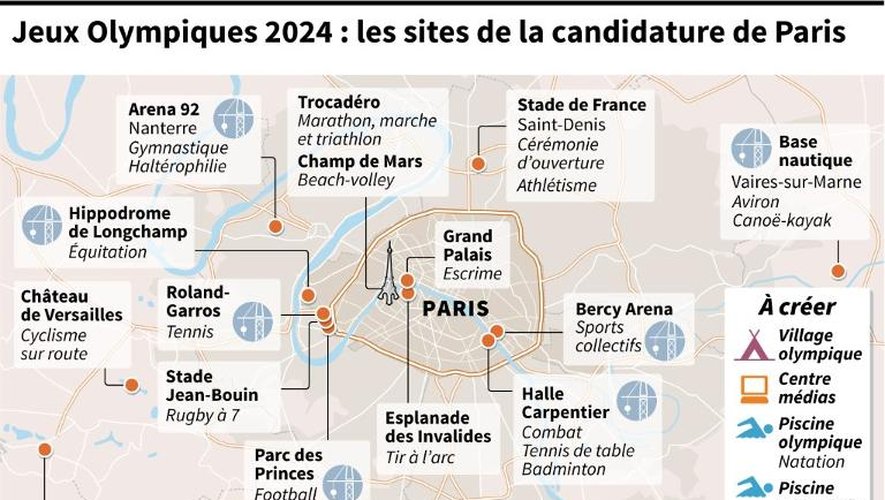 Carte des infrastructures, existantes et programmées, qui pourraient s'associer à la candidature de Paris et de sa région