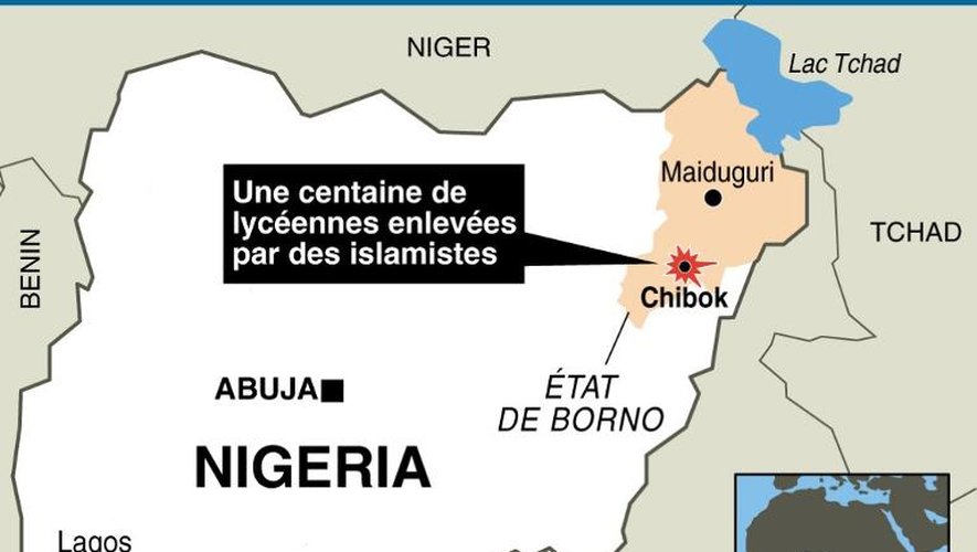 Carte localisant Chibok, lieu de l'enlèvement de lycéennes, au Nigeria
