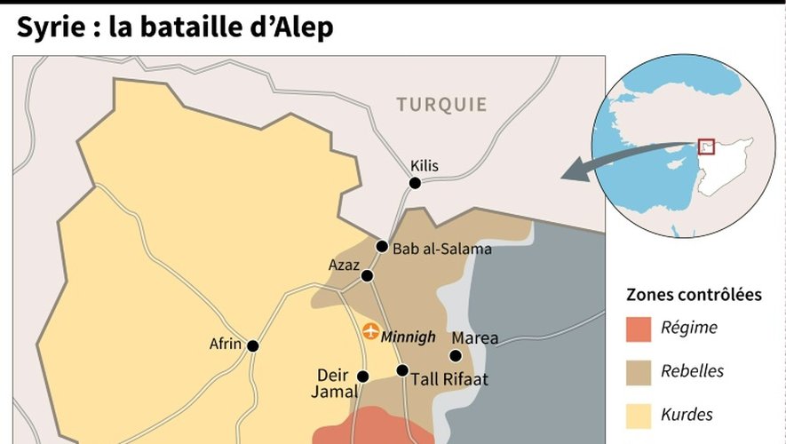 Carte des zones contrôlées dans la province d'Alep en Syrie, où les affrontements ont repris.