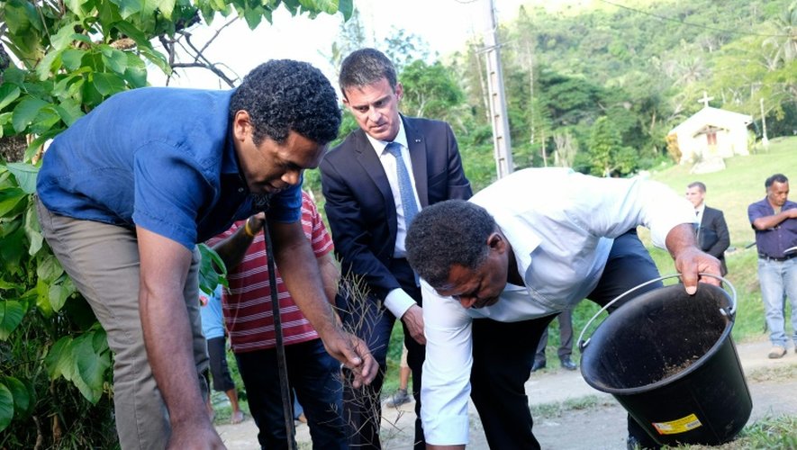 Le Premier ministre Manuel Valls (c) plante un arbren, à Tiendanite le 30 avril 2016 lors d'une visite en Nouvell-Calédonie