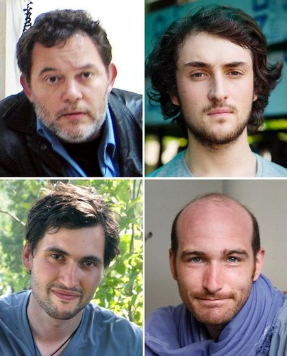 Les quatre journalistes français otages en Syrie, Edouard Elias, Didier François, Pierre Torres et Nicolas Hénin (de gauche à droite et de haut en bas)