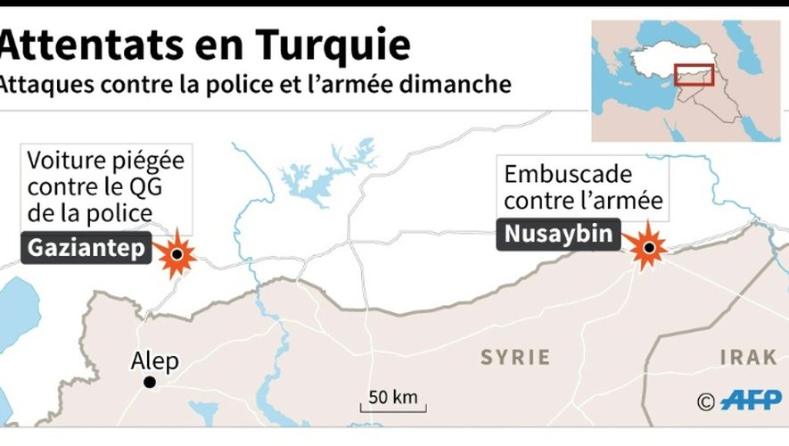 Localisation des attaques qui ont visé la police et l'armée turque dimanche.