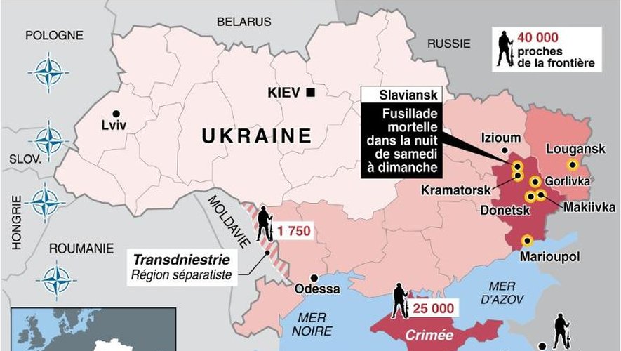 Carte de l'Ukraine avec la localisation des incidents meurtriers dans la nuit de samedi à dimanche