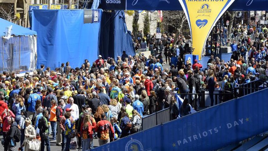 La ligne d'arrivée du marathon de Boston, la veille du départ de la course, le 20 avril 2014