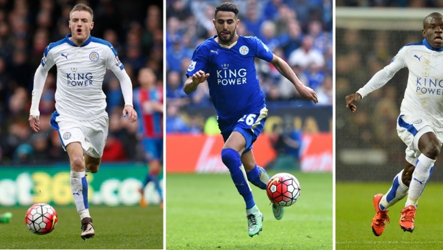 Photomontage des joueurs majeurs de Leicester: Jamie Vardy, Riyad Mahrez et N'Golo Kanté